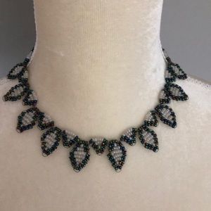 Iridescent blue and white handmade bead choker